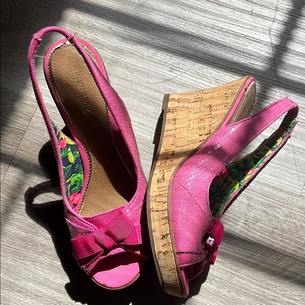 Sperry Pink Espadrille Shoes with Sequin Texture and Bow